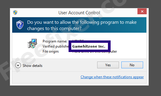 Screenshot where Gamehitzone Inc. appears as the verified publisher in the UAC dialog